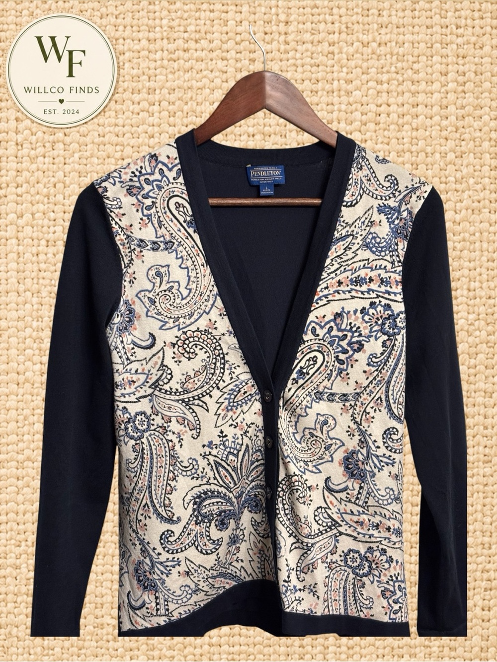 Pendleton Women’s Petite Large Paisley Cardigan Black Cream Button Front